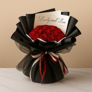 Bó hoa hồng sáp đỏ bọc đen 20 bông sang trọng
