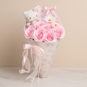 Bó hoa hồng sáp hồng nhạt mix mèo kitty bông